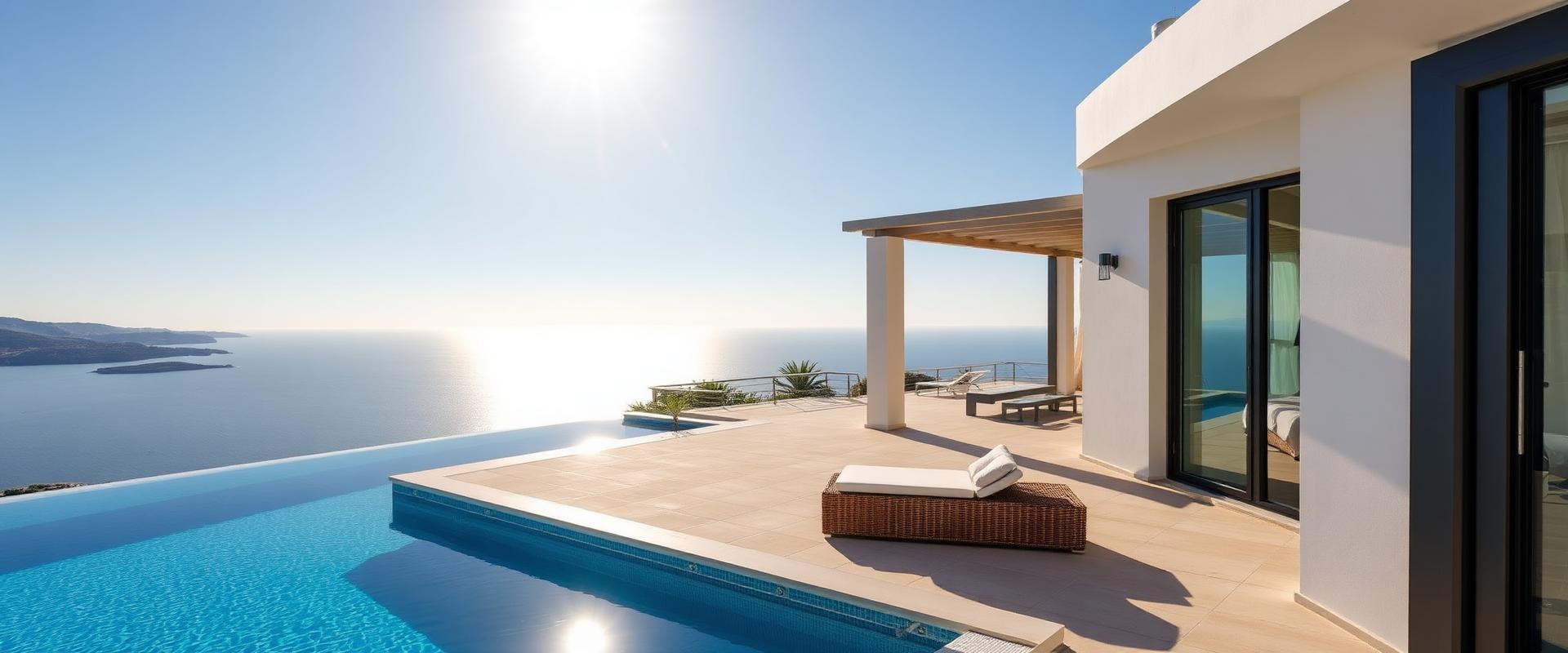 A contemporary property interior opening onto a Greek landscape