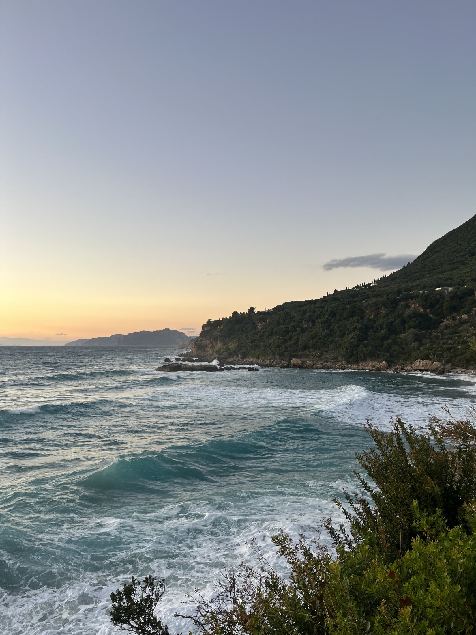 A Greek coastline at sunset